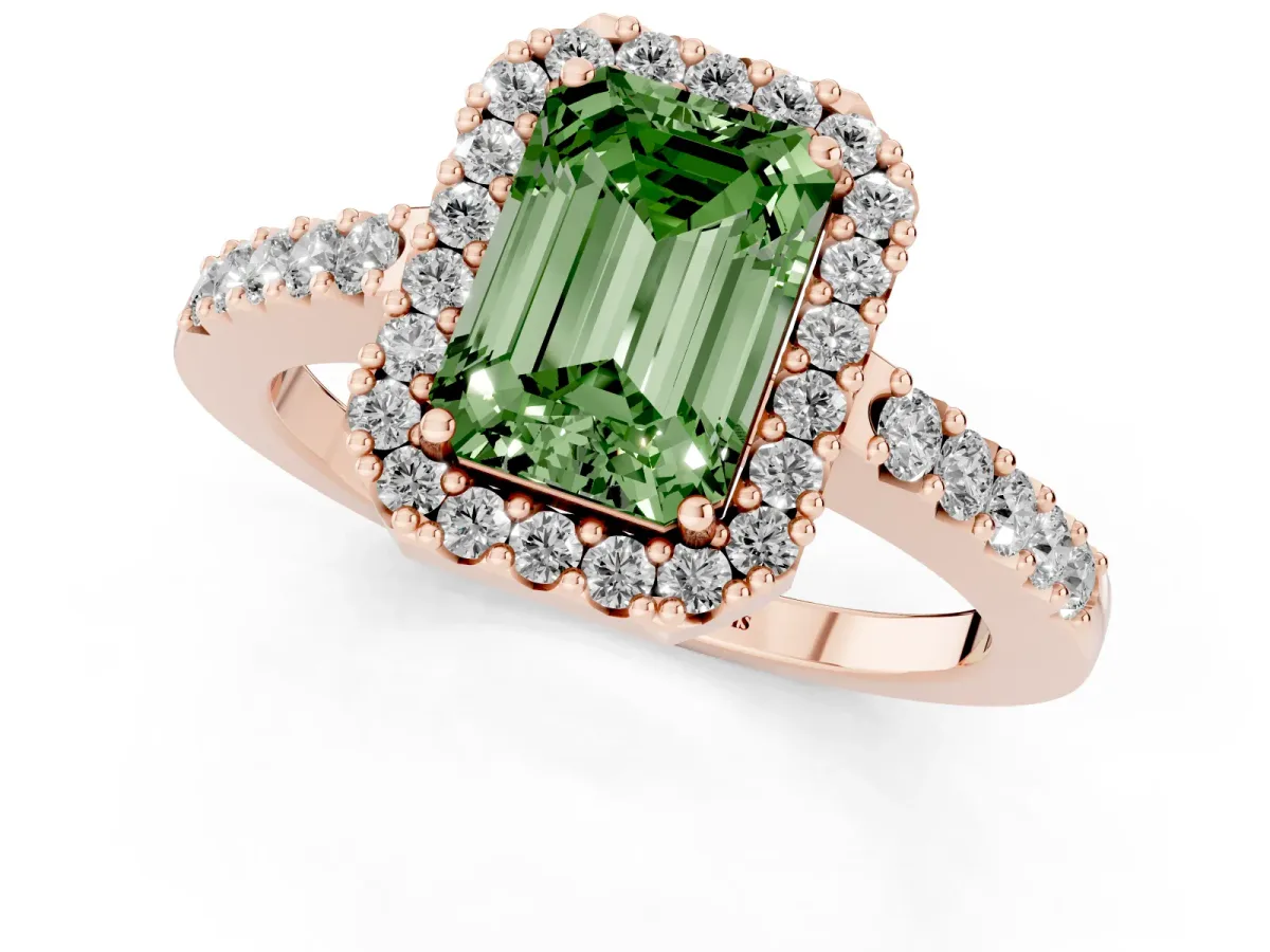 Fancy Green Emerald Cut Halo Diamond Pavé Solitaire Ring Rose gold