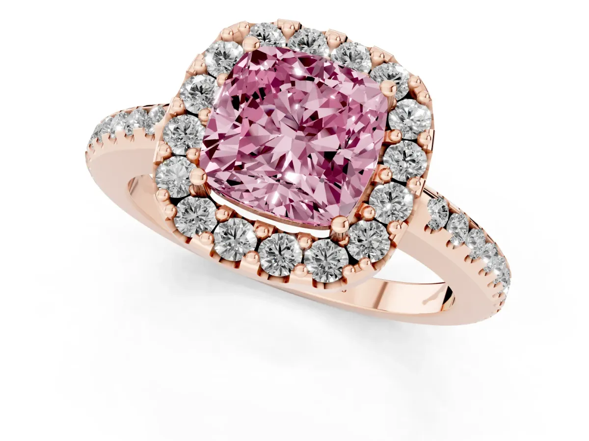 Fancy Pink Cushion Cut Diamond Pavé Halo Ring with Four-Prong Setting Rose gold