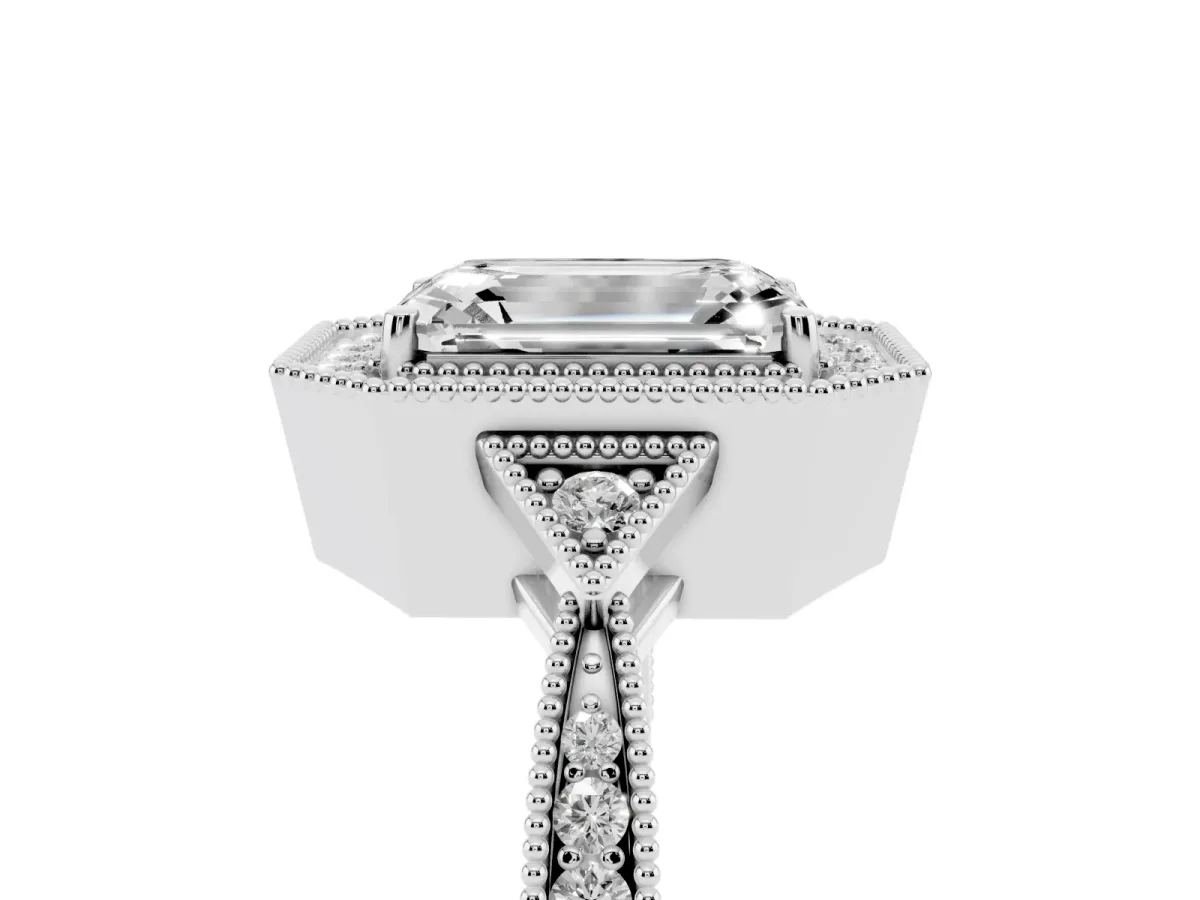 Emerald Cut Halo Round Diamond Milgrain Pave Engagement Ring Silver