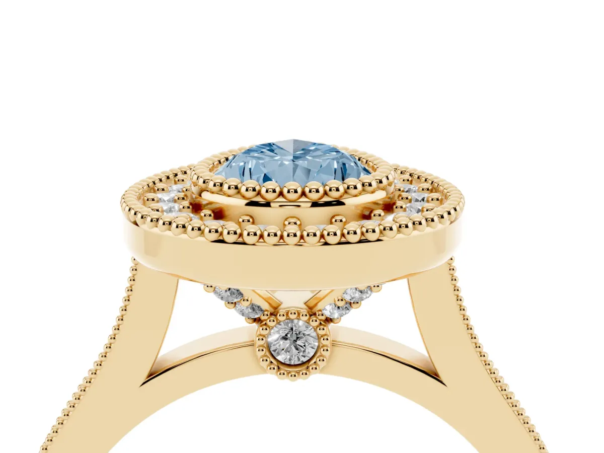 Fancy Blue Pear Cut Diamond Halo Ring with Milgrain Frame and Pavé Band Yellow gold