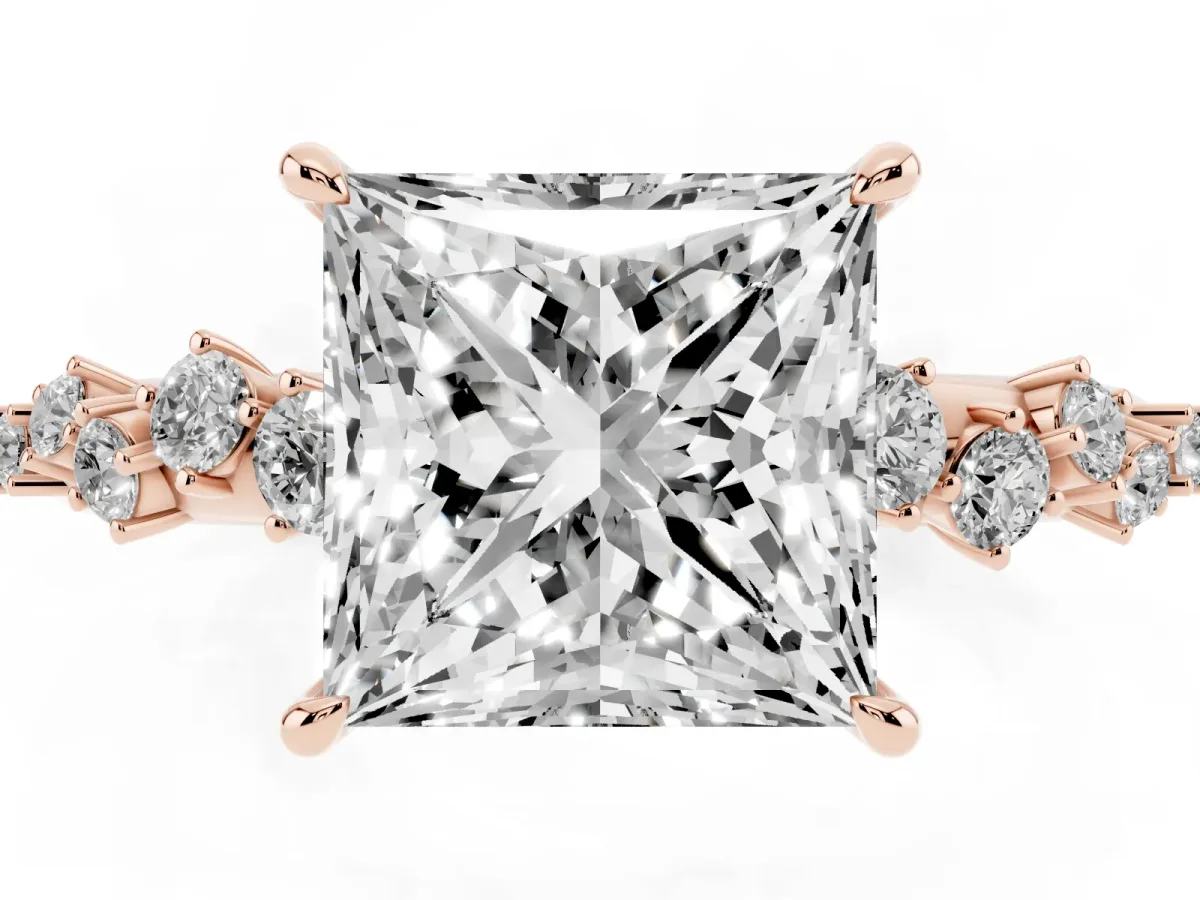 Princess Cut Diamond Cluster Side Stone Solitaire Ring with Prong Setting Rose gold