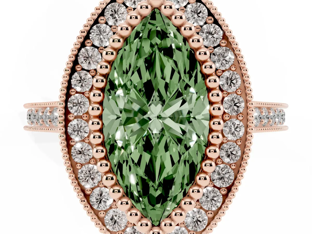 Fancy Green Marquise Cut Diamond Halo Ring with Milgrain Frame and Pavé Band Rose gold