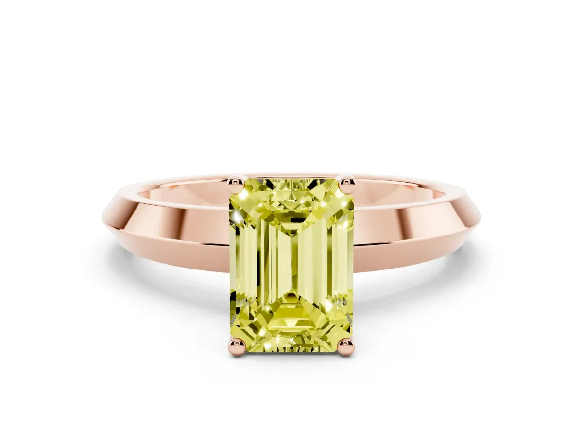 Fancy Yellow Emerald Cut Cut Solitaire Engagement Ring with Flat Band and Four-Prong Setting Rose gold