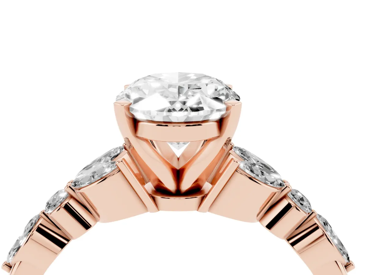 Oval Cut Diamond Solitaire Ring with Side Stones and Four-Prong Setting Rose gold