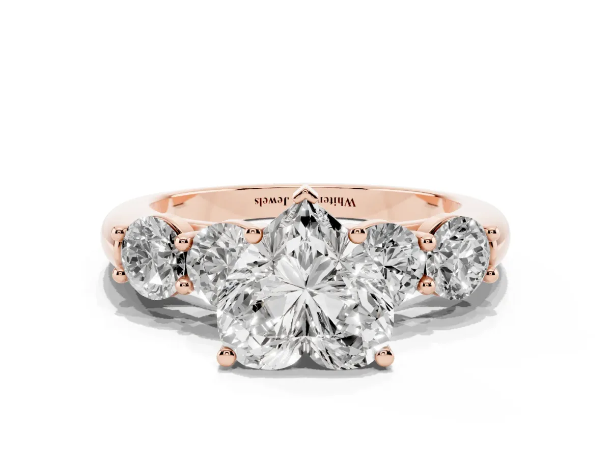 Heart Cut Cut Five-Stone Prong Set Diamond Ring with Classic Band Rose gold