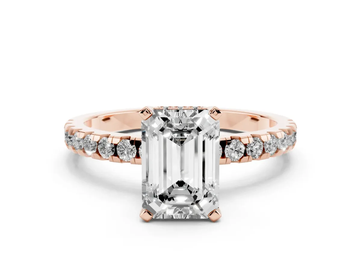 Emerald Cut Diamond Solitaire Ring with Round Pavé Band and Four-Prong Setting Rose gold