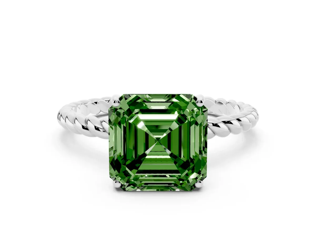 Fancy Green Asscher Cut Solitaire Twist Band Ring with Four-Prong Setting Silver