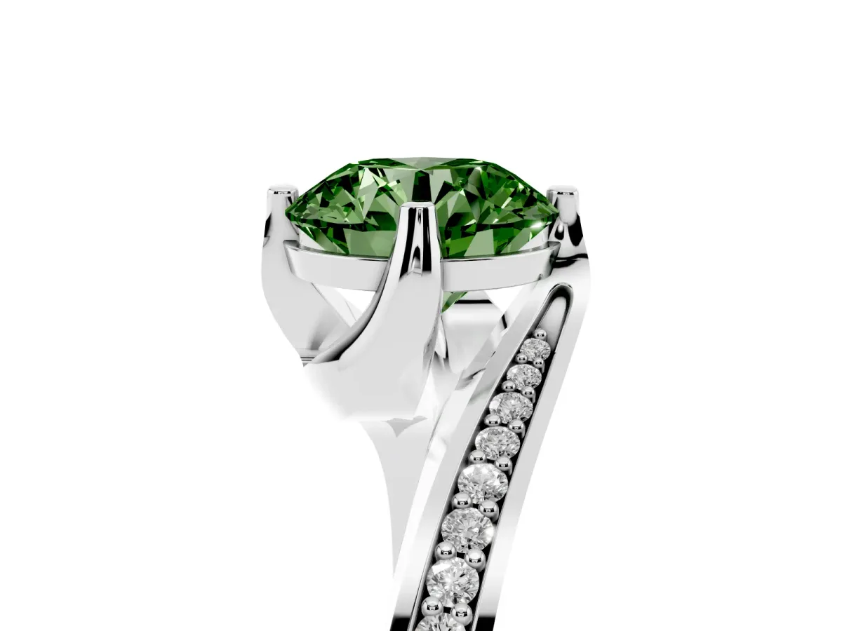 Fancy Green Round Cut Solitaire Diamond Twist Band with Pavé Setting and Four-Prong Setting Platinum