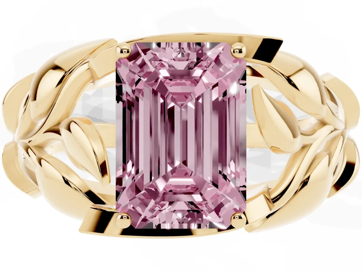 Fancy Pink Emerald Cut Diamond Leaf-Inspired Engagement Ring with Round Accents and Prong Setting Yellow gold