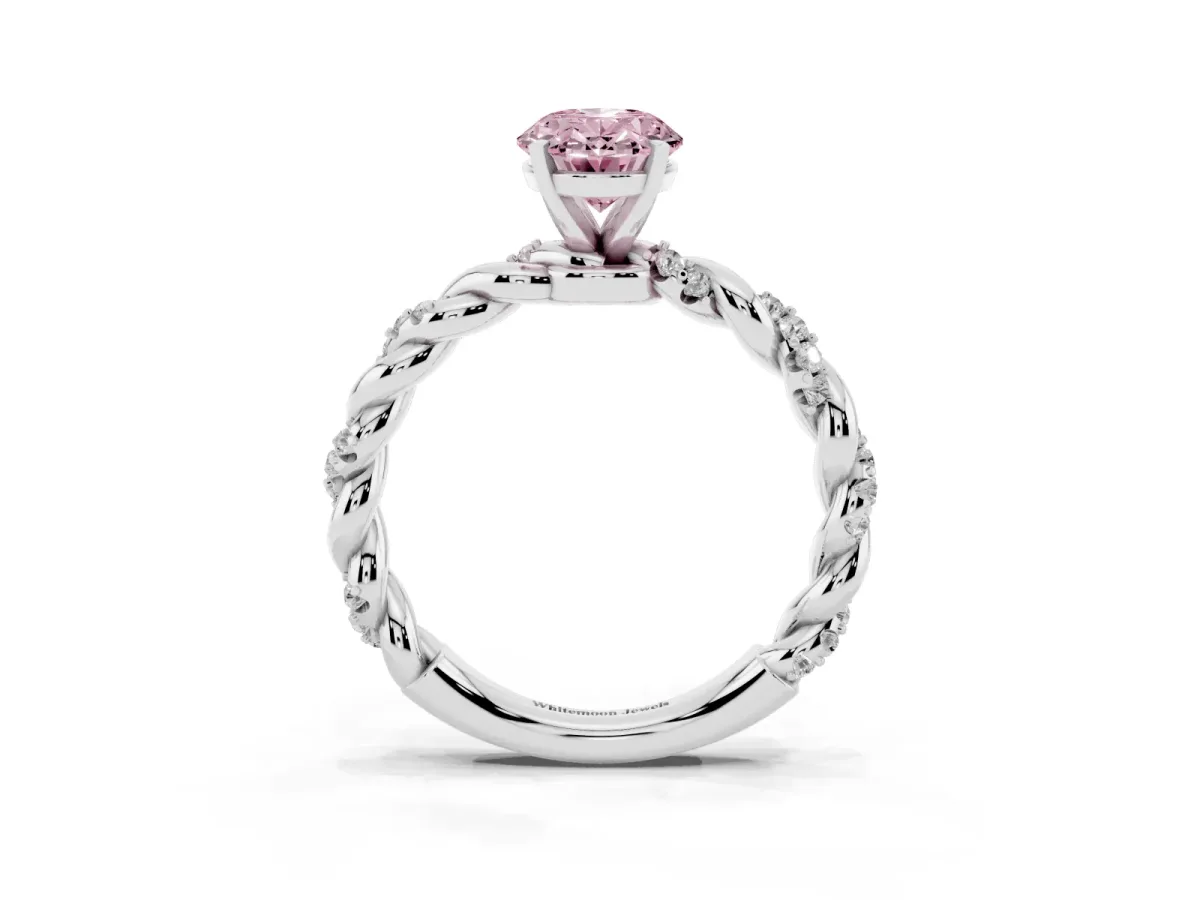 Fancy Pink Oval Cut Diamond Solitaire Ring with Twisted Band and Pavé Accents Silver