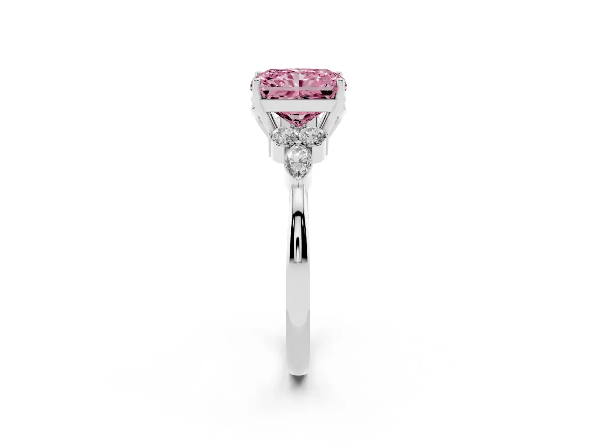 Fancy Pink Radiant Cut Brilliant Diamond Solitaire Ring with Pear Side Stones and Four-Prong Setting Platinum