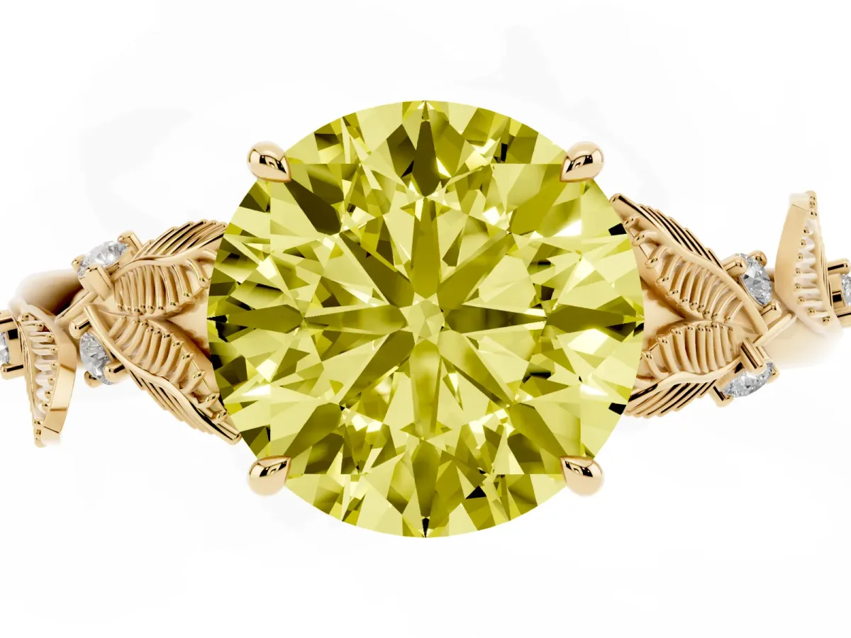 Fancy Yellow Round Cut Diamond Solitaire Ring with Leaf Motif Band and Four-Prong Setting Yellow gold