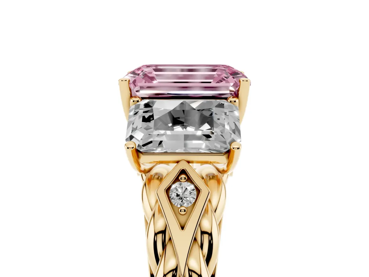 Fancy Pink Three-Stone Radiant Cut Diamond Braided Band Ring with Four-Prong Setting Yellow gold