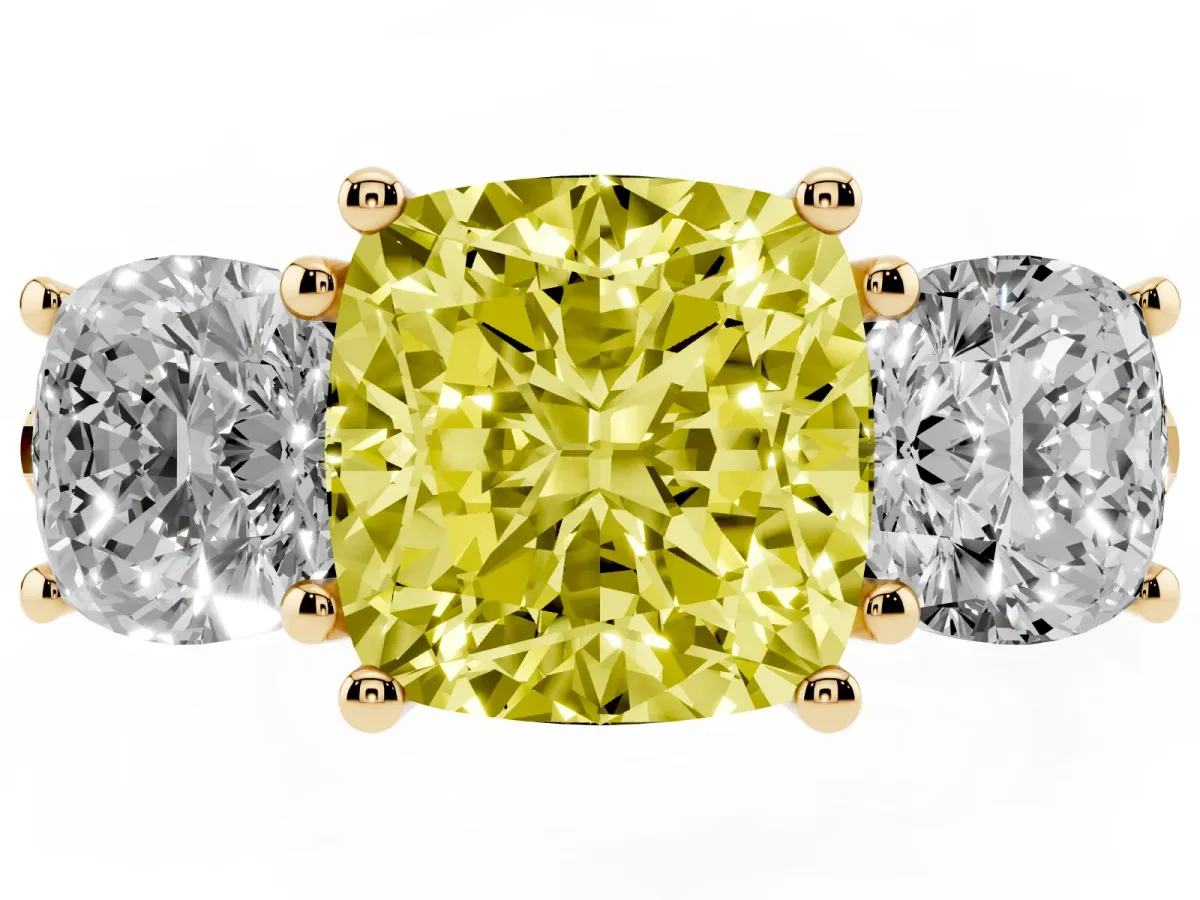 Fancy Yellow Three-Stone Cushion Cut Diamond Ring with Round Pavé Band and Prong Setting Yellow gold