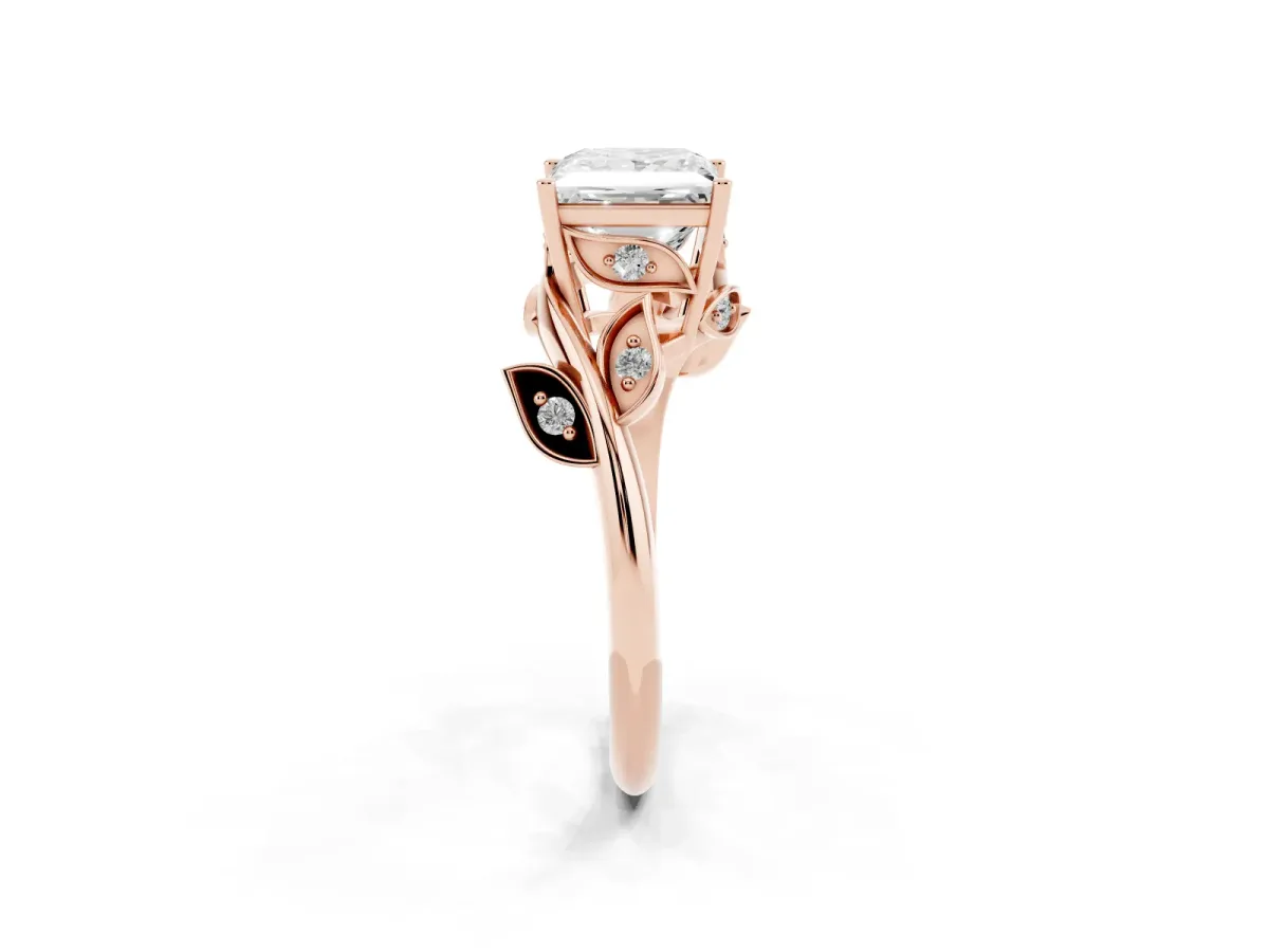 Princess Cut Solitaire Twist Engagement Ring with Leaf Accents and Prong Setting Rose gold