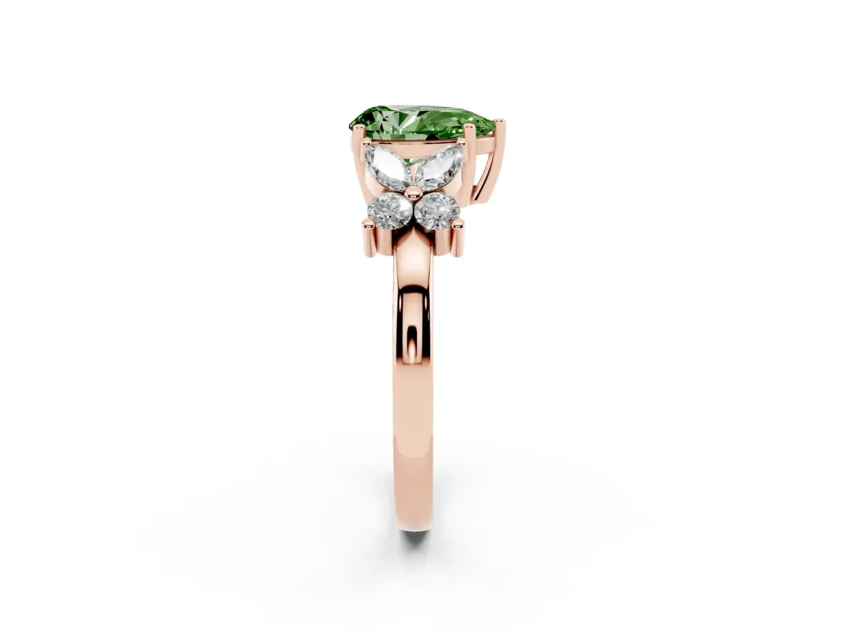 Fancy Green Pear Cut Diamond Floral Cluster Ring with Solitaire Band and Prong Setting Rose gold