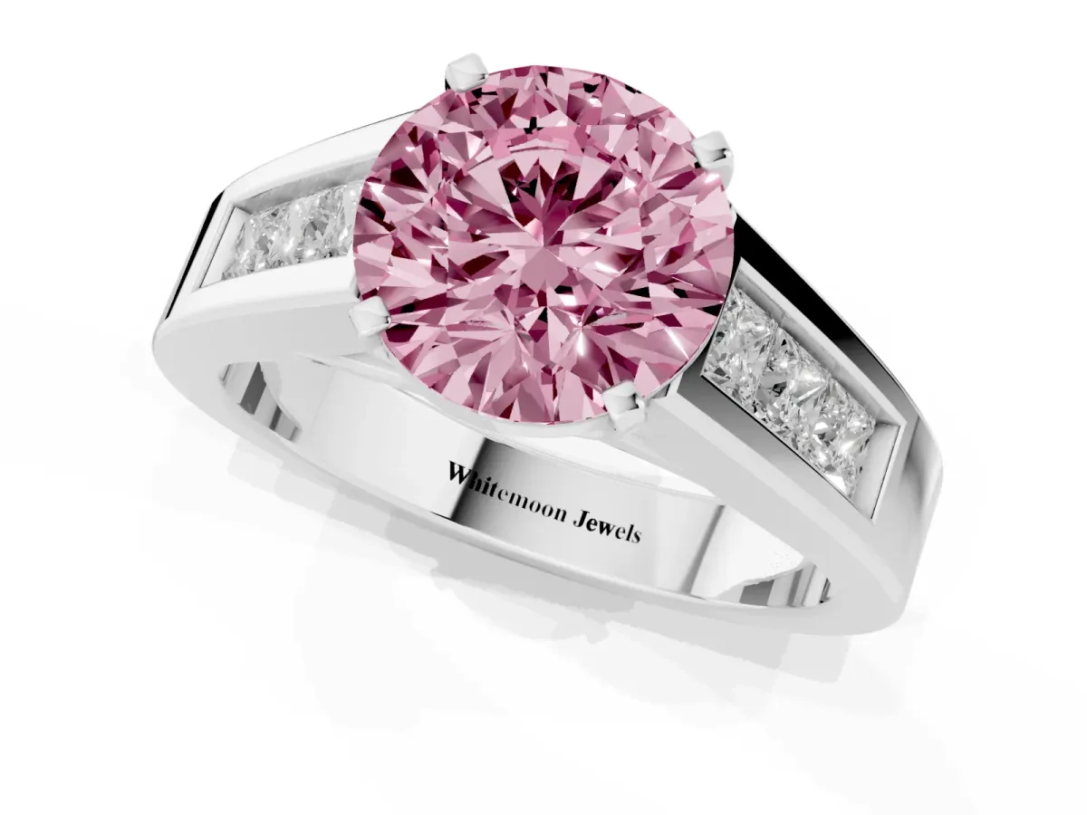 Fancy Pink Round Cut Cut Channel Set Solitaire Ring with Four-Prong Setting Platinum