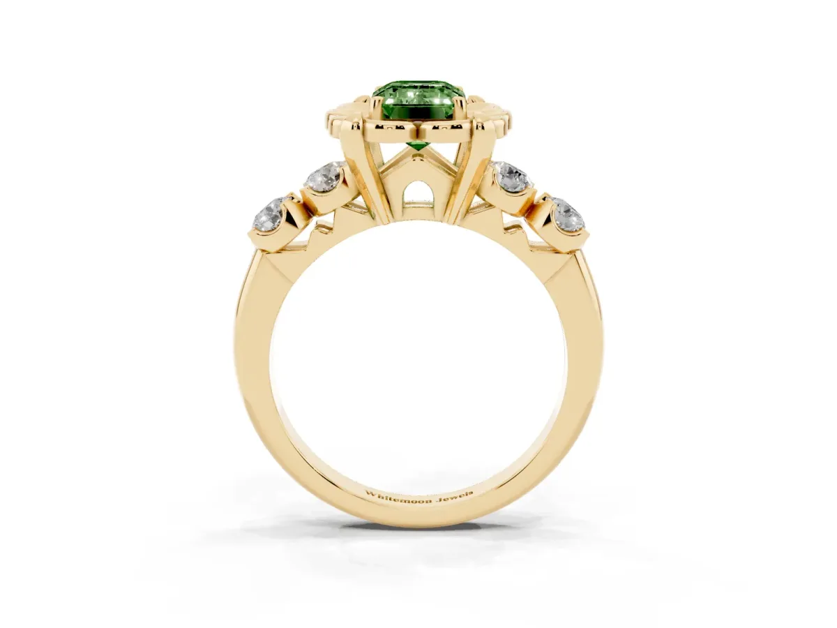 Fancy Green Emerald Cut Cut Diamond Floral Halo Engagement Ring with Shared Prong Setting Yellow gold