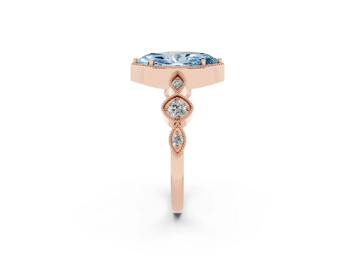 Fancy Blue Marquise Cut Diamond Vintage Milgrain Ring with Round Stations Rose gold