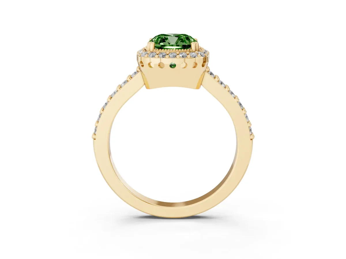 Fancy Green Cushion Cut Cut Diamond Halo Engagement Ring with Milgrain Detail and Pavé Band Yellow gold