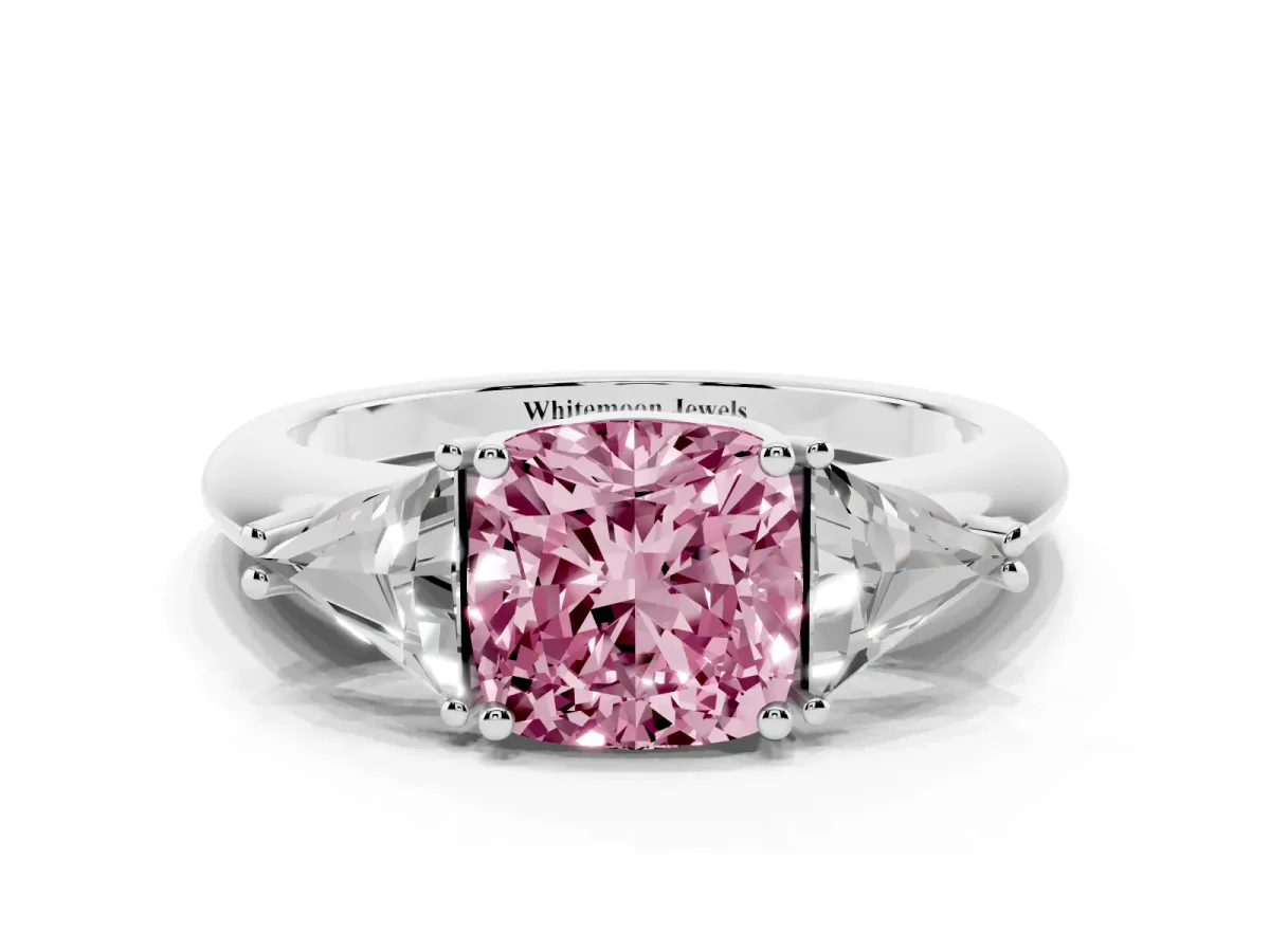 Fancy Pink Three-Stone Cushion Cut Diamond Engagement Ring with Trillion Side Stones and Prong Setting Silver