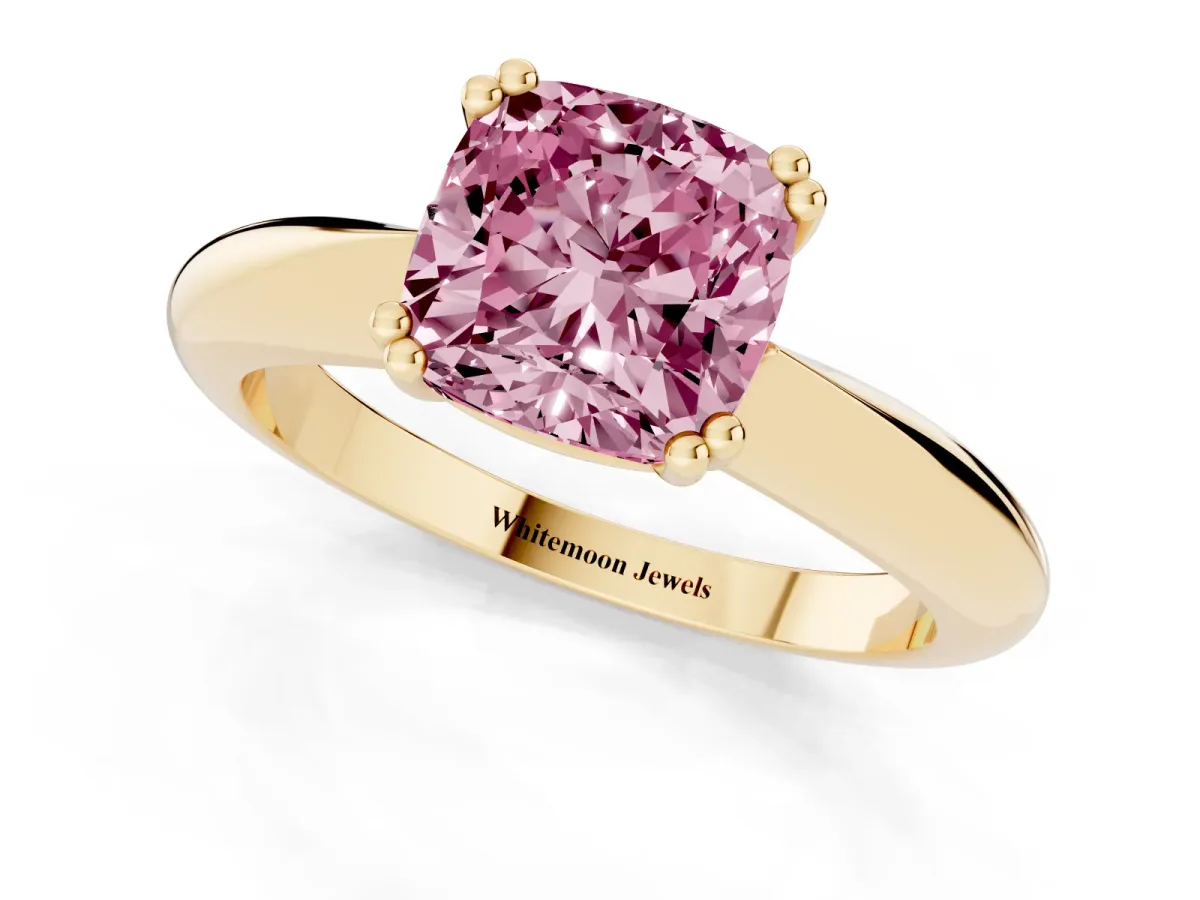 Fancy Pink Cushion Cut Cut Solitaire Engagement Ring with Tapered Band and Four-Prong Setting Yellow gold