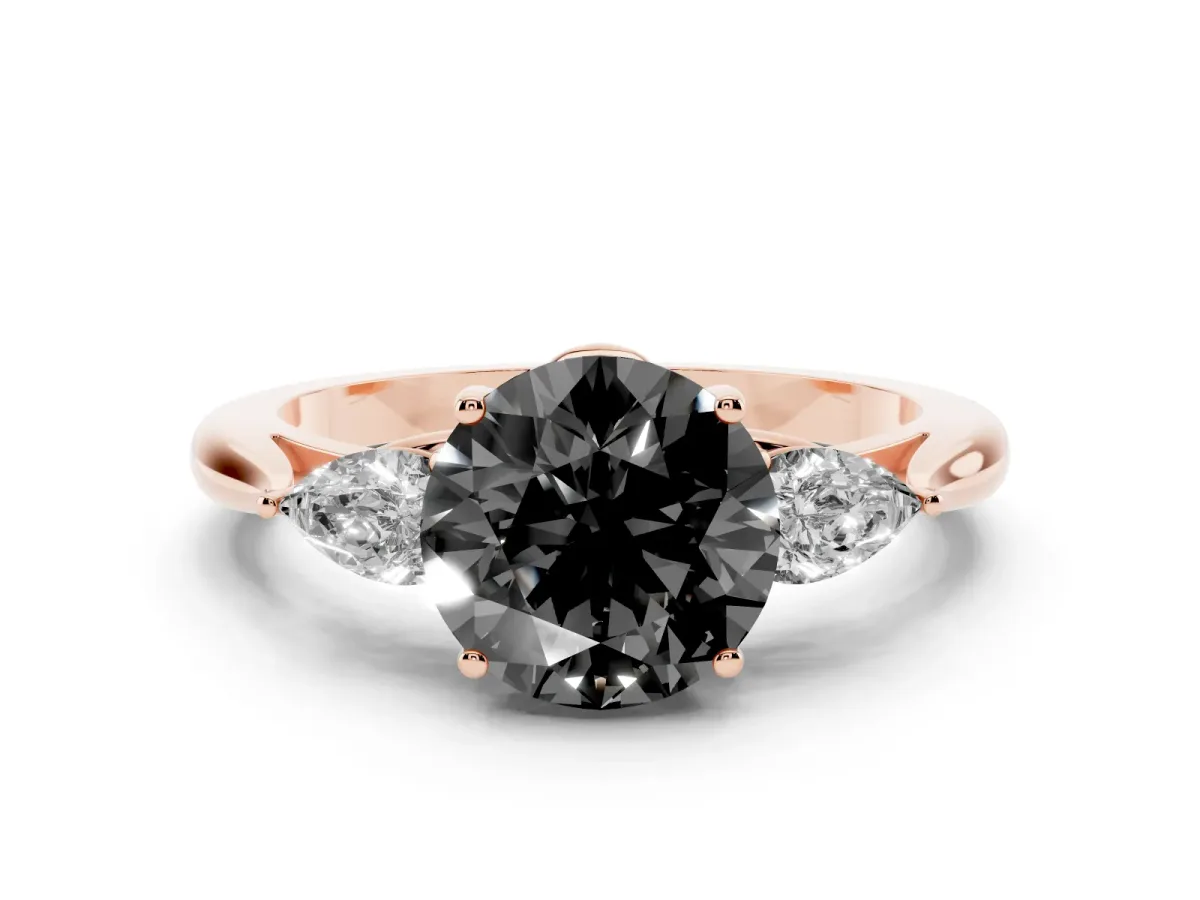 Fancy Black Three-Stone Round Cut Brilliant Diamond Solitaire Ring with Tapered Band and Four-Prong Setting Rose gold