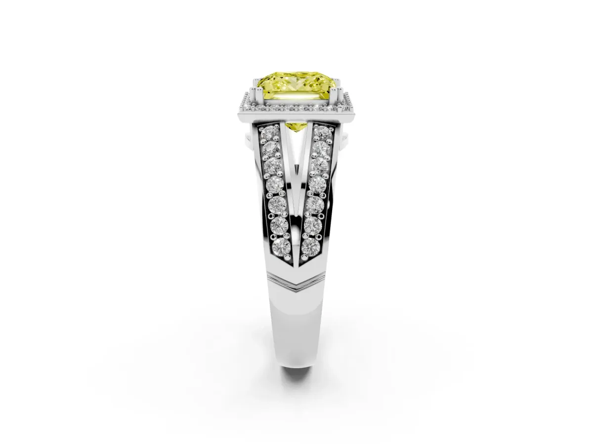 Fancy Yellow Princess Cut Diamond Halo Ring with Split Shank Pavé Band and Four-Prong Setting Platinum
