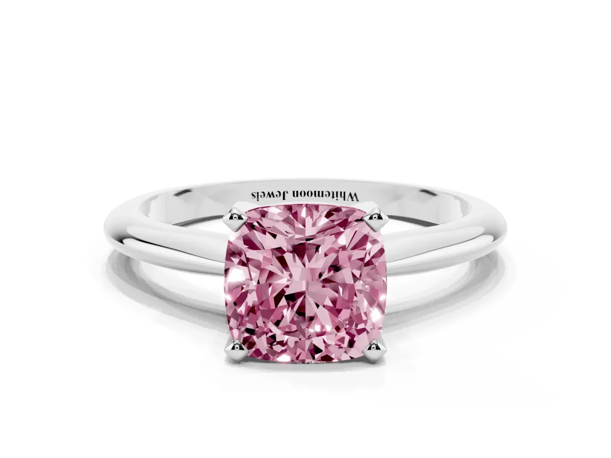Fancy Pink Cushion Cut Cut Solitaire Ring with Four-Prong Setting on a Classic Band Silver