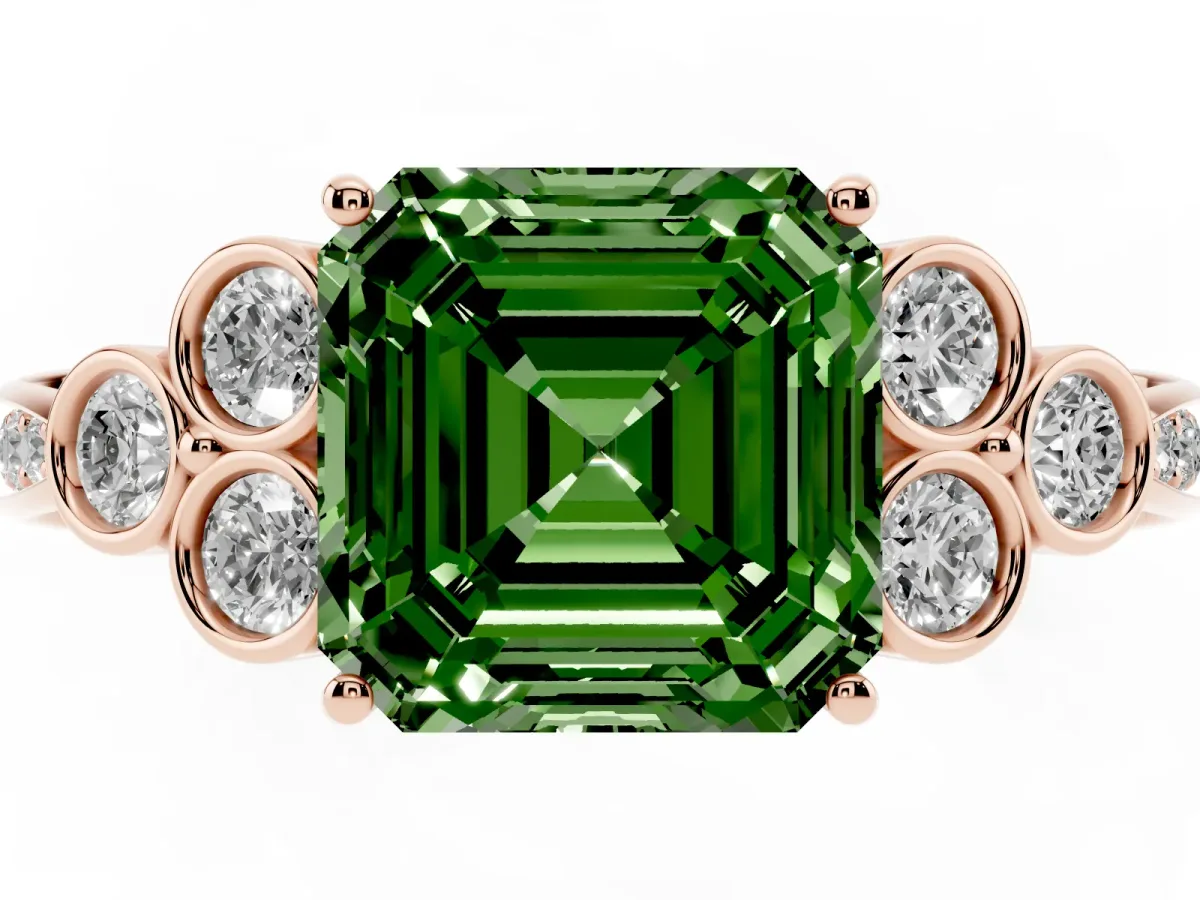 Fancy Green Asscher Cut Cut Diamond Engagement Ring with Bezel Set Round Side Stones and Prong Setting Rose gold