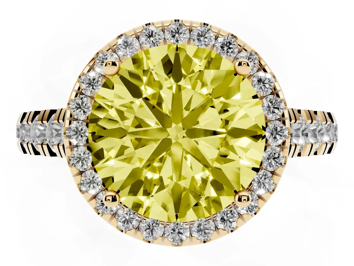 Fancy Yellow Round Cut Halo Pavé Diamond Engagement Ring with Four-Prong Setting Yellow gold