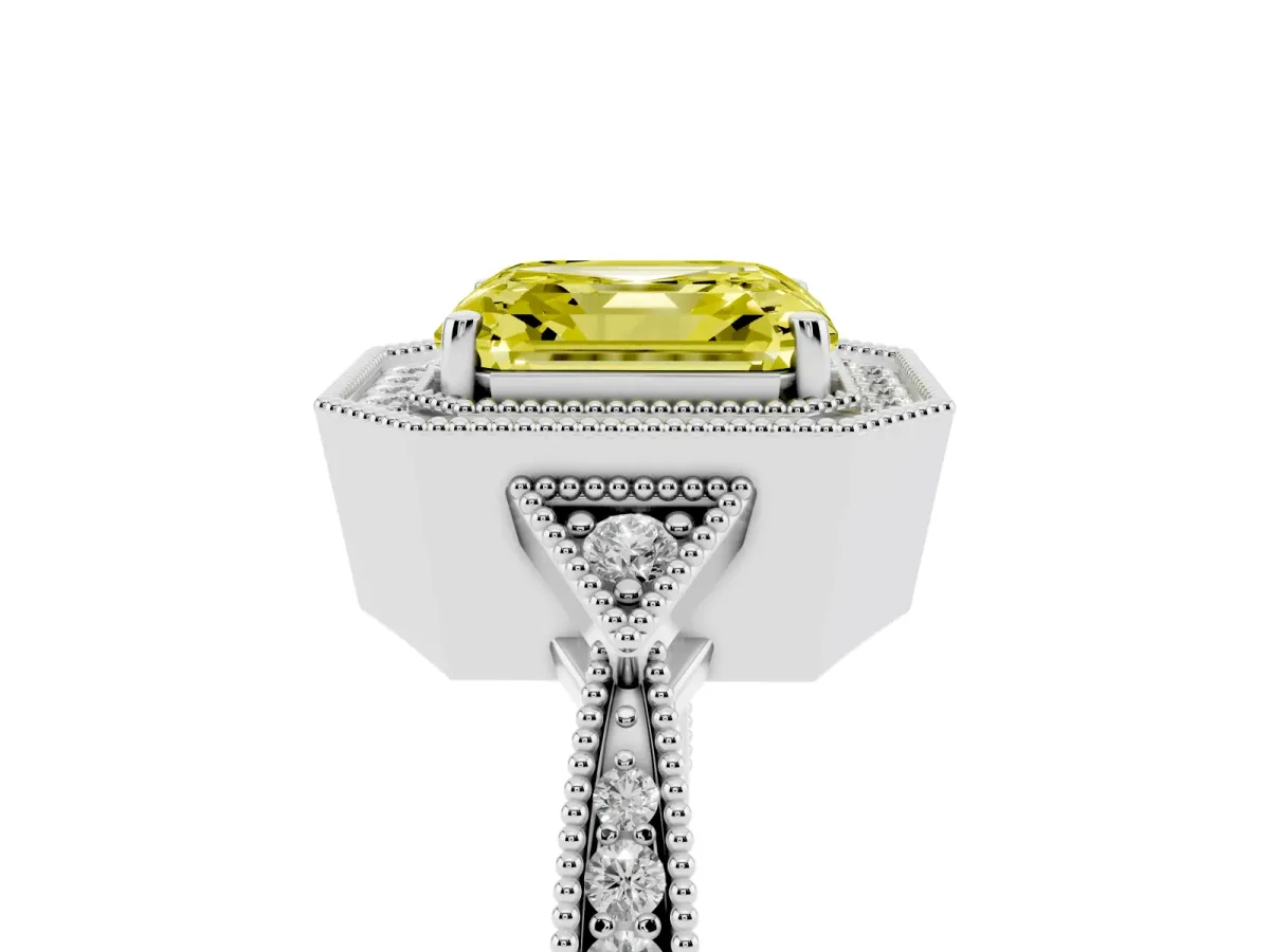 Fancy Yellow Asscher Cut Halo Round Diamond Milgrain Pave Engagement Ring White gold