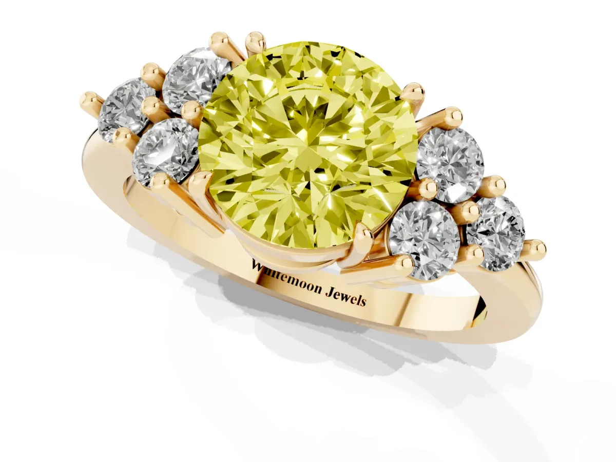 Fancy Yellow Round Cut Brilliant Diamond Cluster Accent Solitaire Ring with Prong Setting Yellow gold