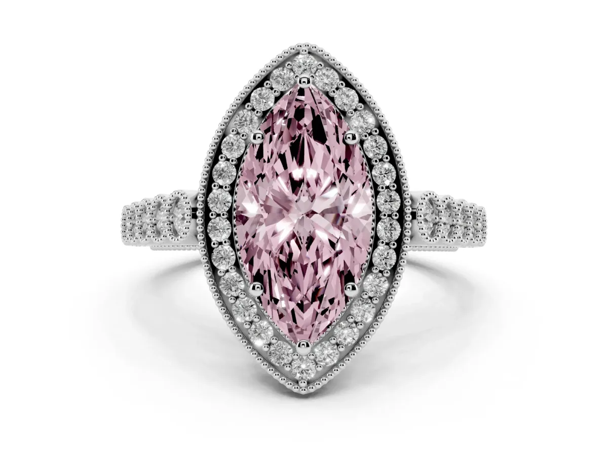 Fancy Pink Marquise Cut Halo Milgrain Solitaire with Bezel Set Side Stones and Pave Band White gold