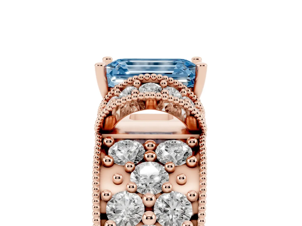 Fancy Blue Emerald Cut Halo Pave Diamond Engagement Ring with Milgrain Detailing Rose gold