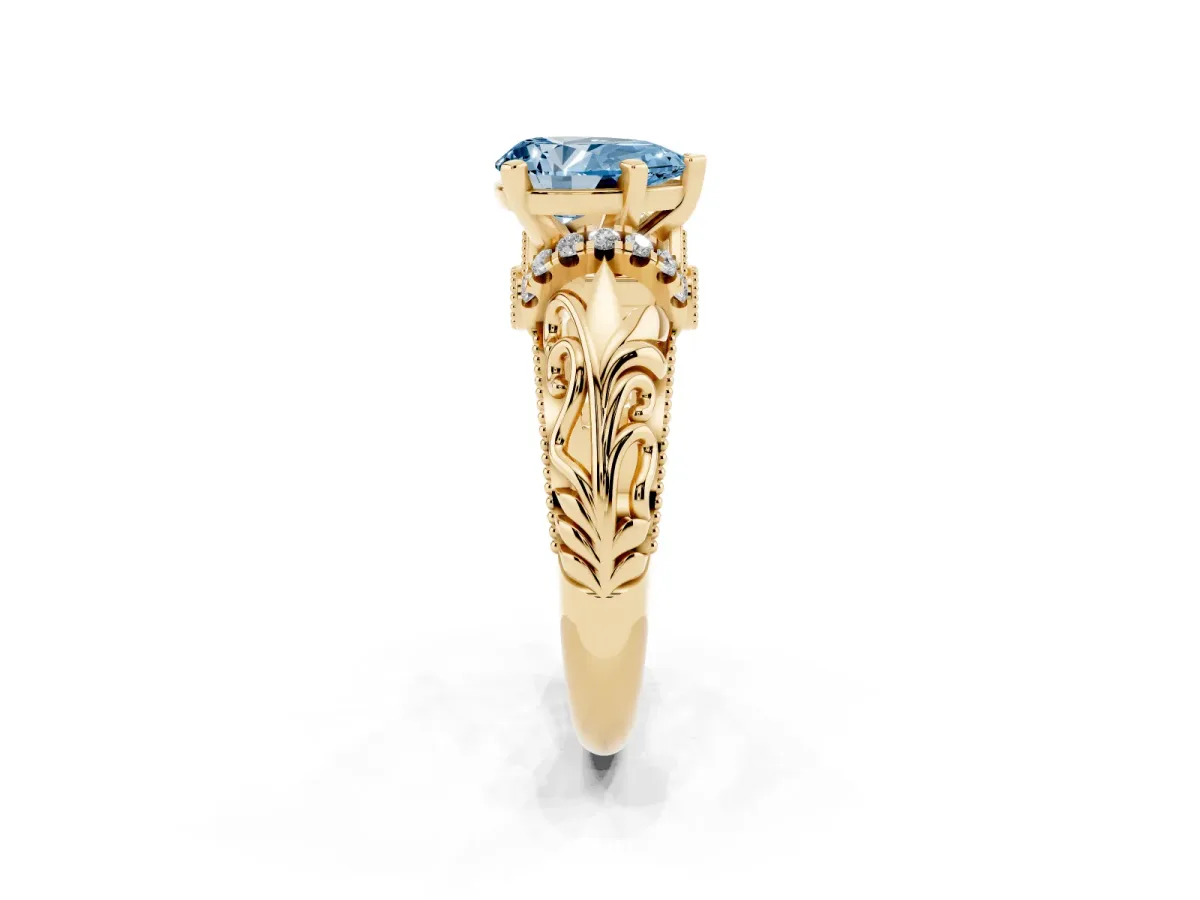 Fancy Blue Pear Cut Solitaire Filigree Engagement Ring with Halo and Prong Setting Yellow gold