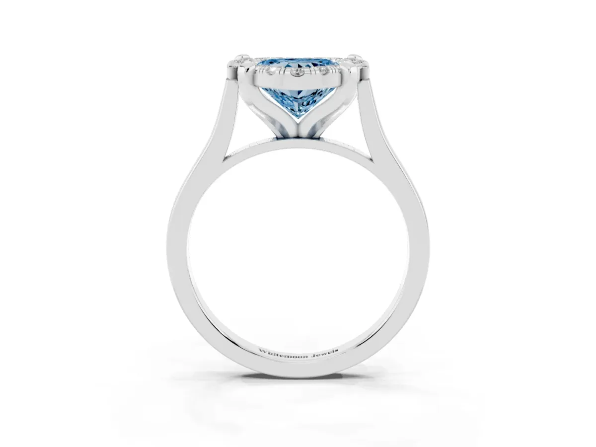 Fancy Blue Heart Cut Diamond Cluster Halo Solitaire with Four-Prong Setting Silver