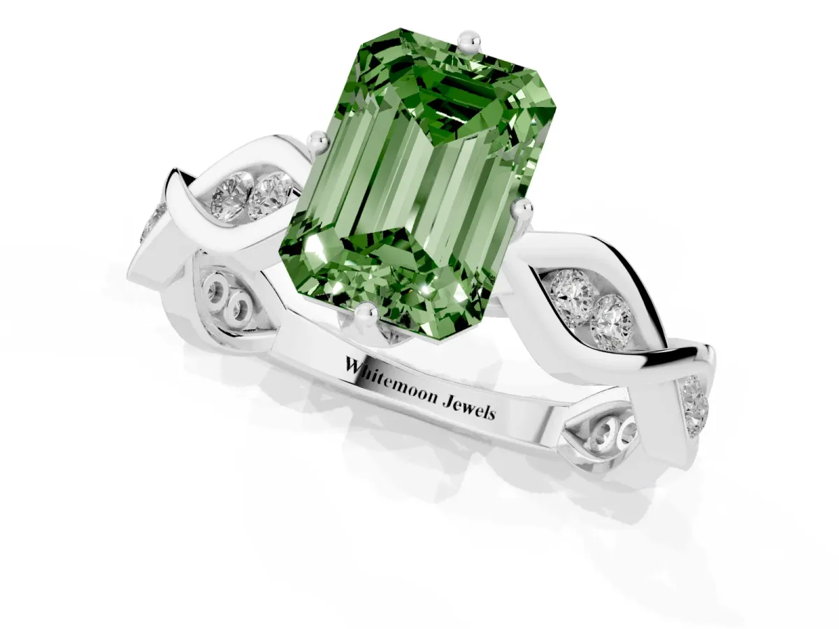 Fancy Green Emerald Cut Solitaire Twist Band with Leaf Prong Setting Silver