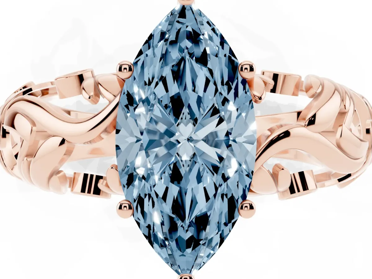 Fancy Blue Marquise Cut Solitaire Diamond Leaf-Inspired Vine Band Ring with Prong Setting Rose gold