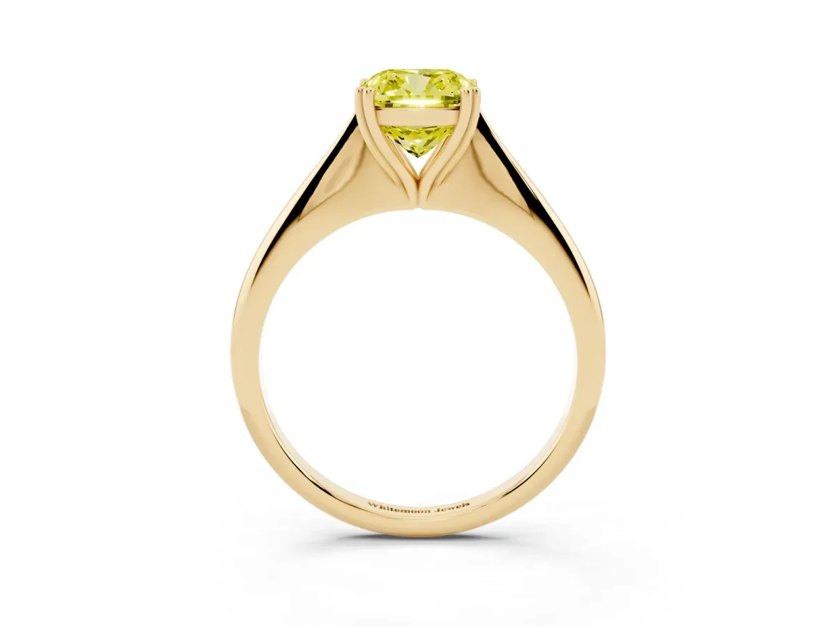 Fancy Yellow Cushion Cut Solitaire Diamond Ring with Six-Prong Setting and Classic Band Yellow gold
