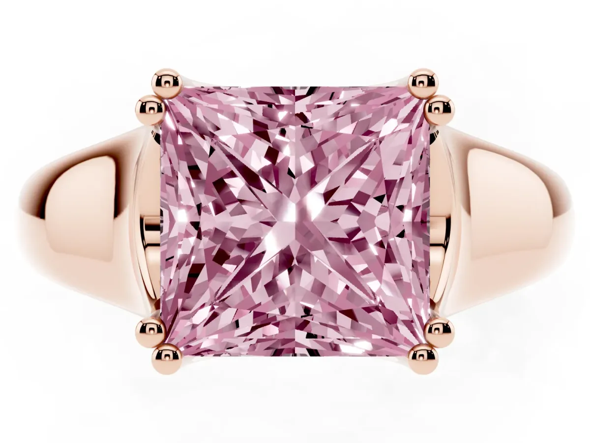 Fancy Pink Princess Cut Diamond Solitaire Ring with Wide Band and Prong Setting Rose gold