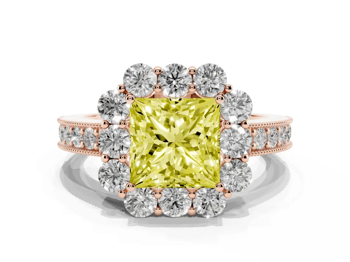 Fancy Yellow Princess Cut Cut Halo Diamond Pavé Engagement Ring with Milgrain Detailing Rose gold