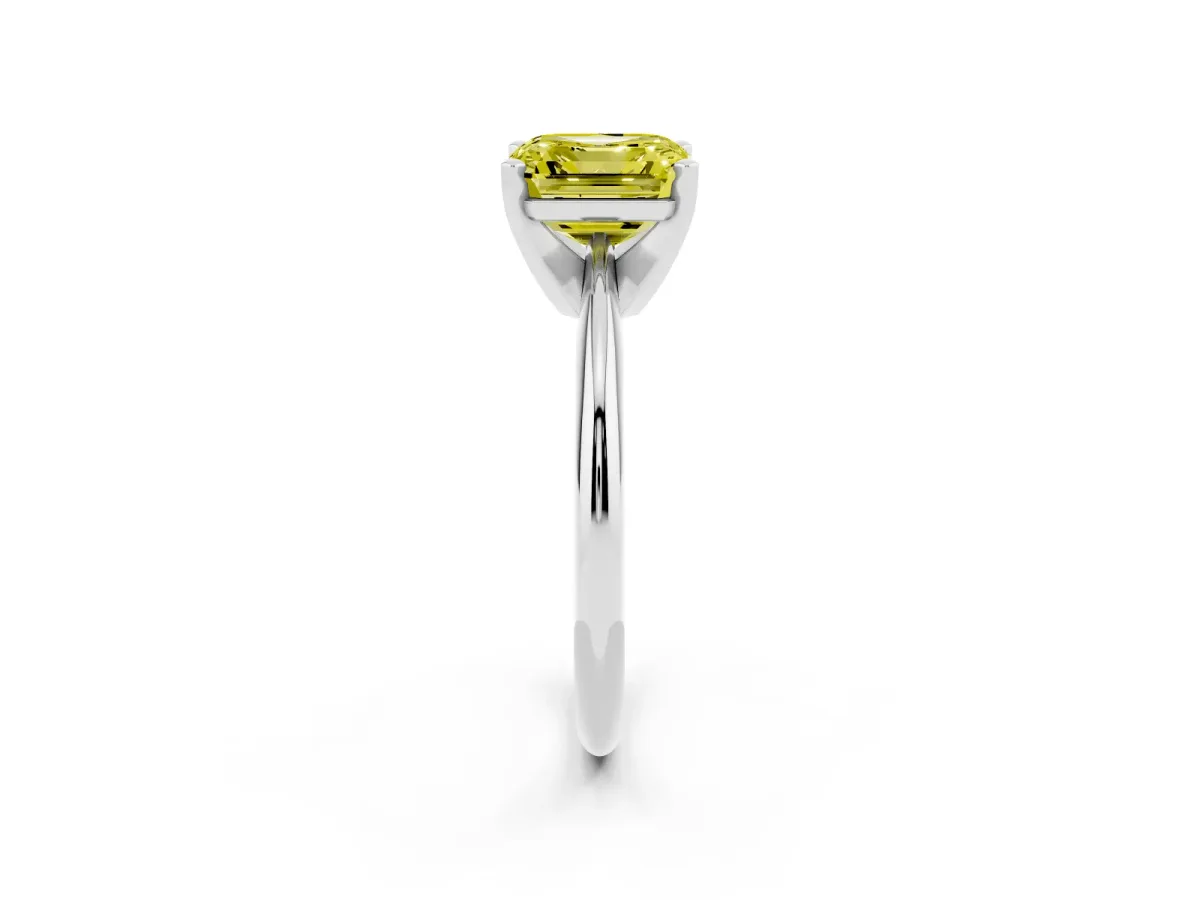 Fancy Yellow Asscher Cut Cut Solitaire Ring with Four-Prong Setting on a Classic Band Silver