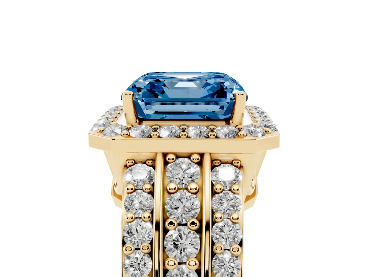 Fancy Blue Asscher Cut Halo Diamond Ring with Round Split Shank and Prong Setting Yellow gold
