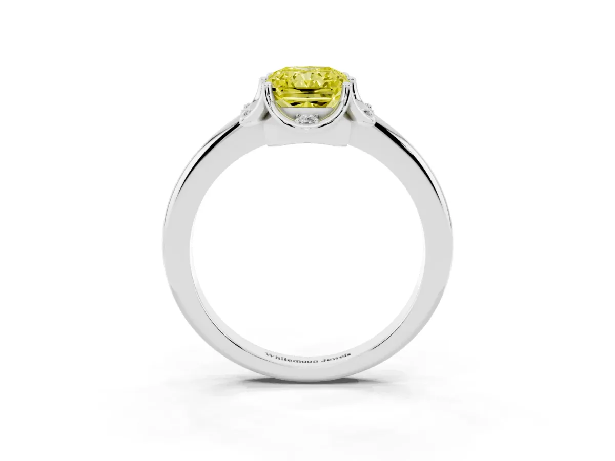 Fancy Yellow Radiant Cut Halo Diamond Ring with Round Cluster Setting, Solitaire Band, and Four-Prong Setting Platinum