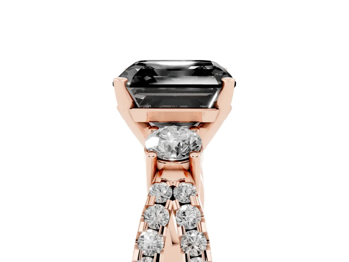 Fancy Black Asscher Cut Diamond Three-Stone Ring with Pavé Split Shank and Four-Prong Setting Rose gold