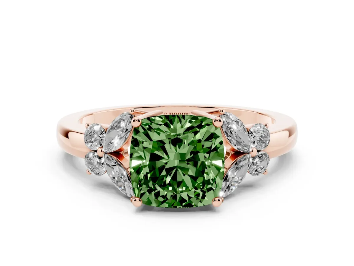 Fancy Green Cushion Cut Cut Solitaire Floral Diamond Ring with Four-Prong Setting Rose gold