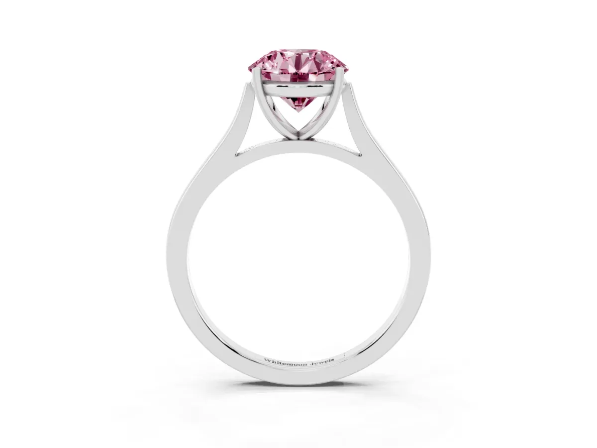 Fancy Pink Round Cut Solitaire Heart Prong Engagement Ring with Tapered Band White gold