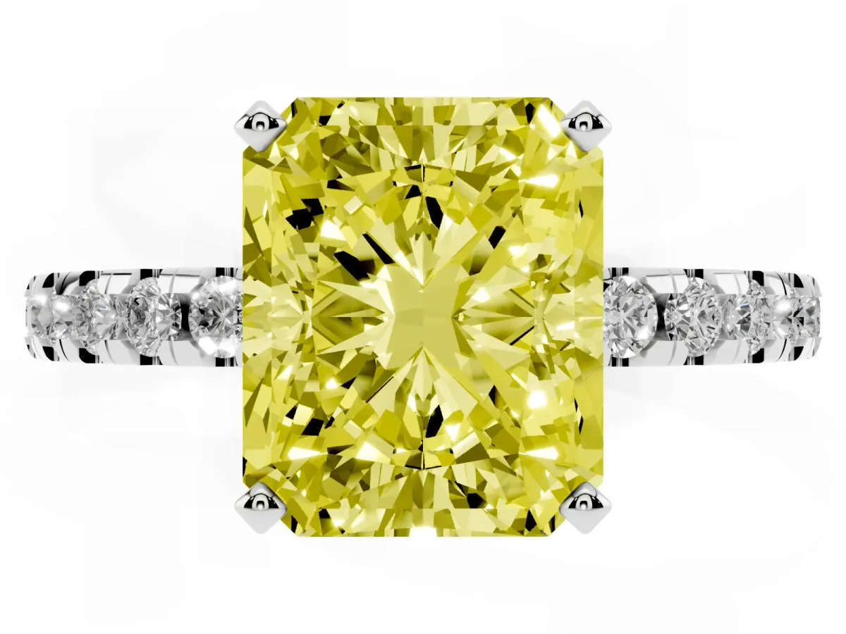 Fancy Yellow Radiant Cut Diamond Solitaire Ring with Round Pavé Band and Four-Prong Setting Silver