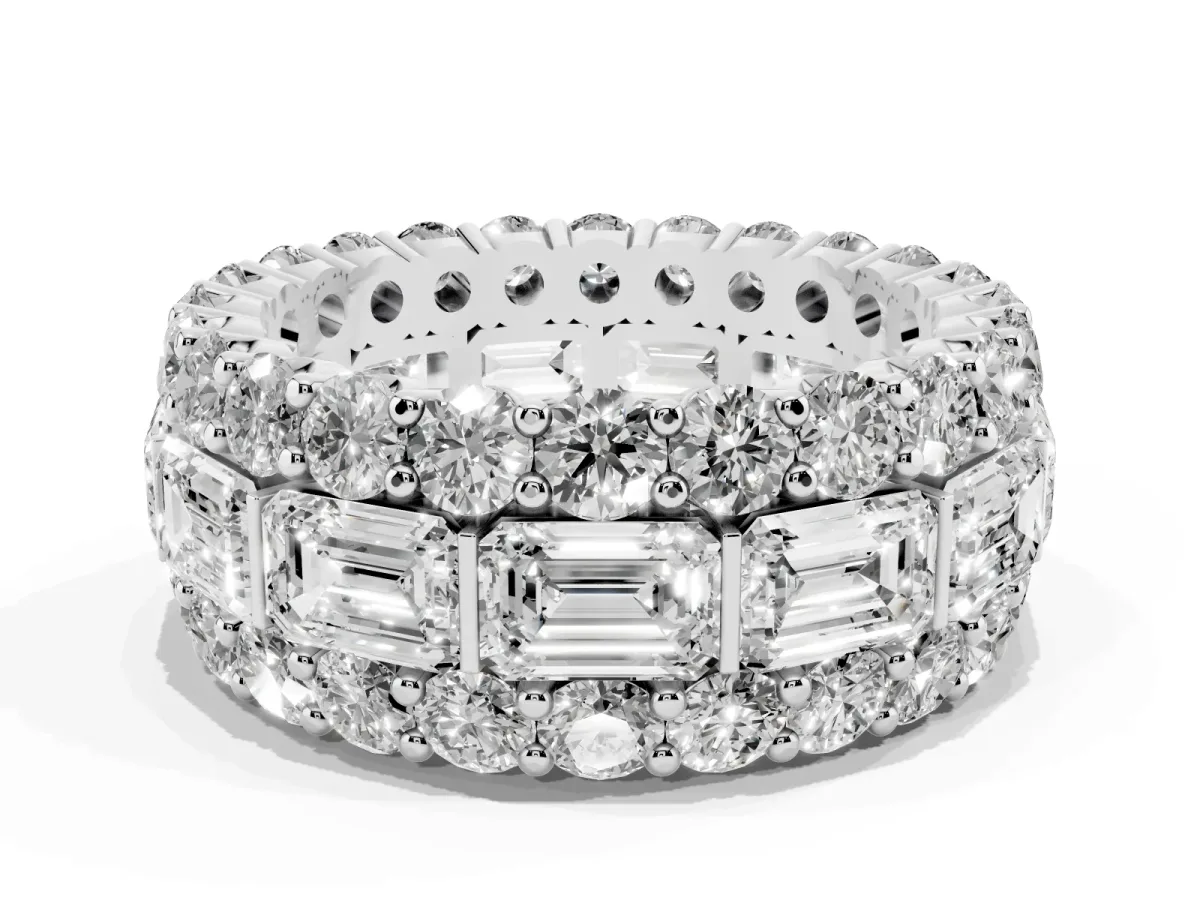 Emerald Cut and Round Diamond Three-Row Eternity Mens Band Platinum